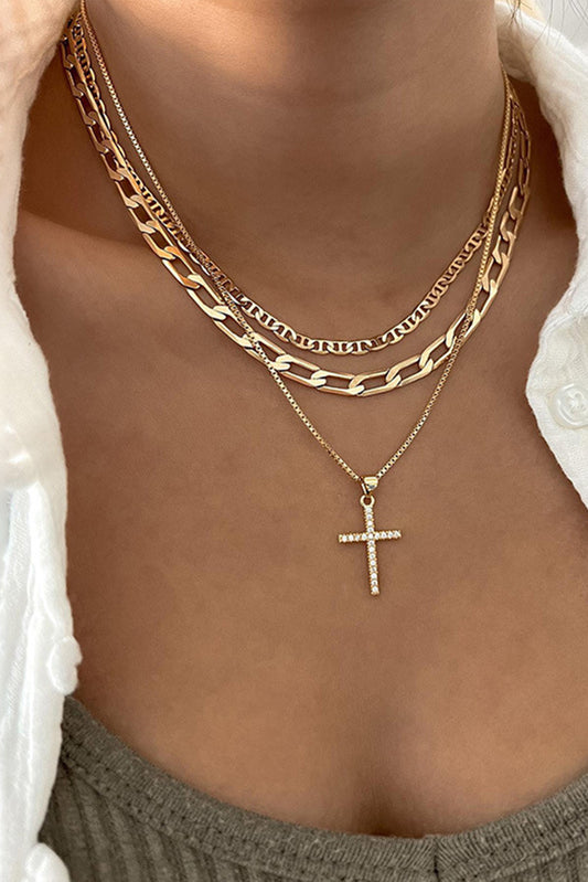 Collier Chaîne Multicouche Empilée avec Pendentif Croix Plaqué Or