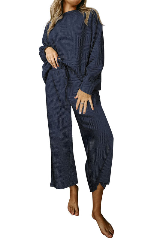 Ensemble Bleu Marine Texturé Ample Décontracté Haut à Manches Longues et Pantalon