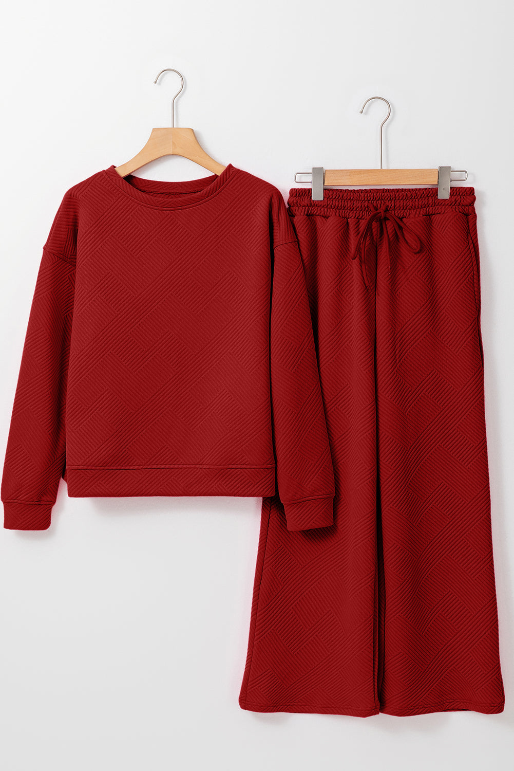 Ensemble Dahlia Rouge Texturé Ample Décontracté Haut à Manches Longues et Pantalon
