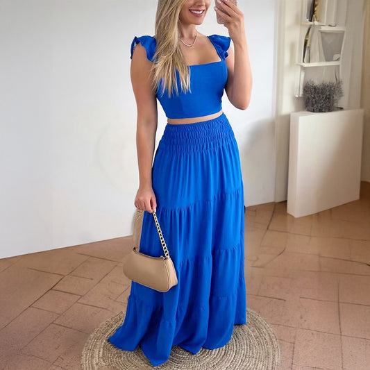 Ensemble Jupe Évasée Manches Courtes Style Vacances Été Femme
