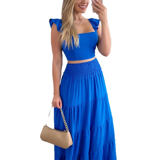 Ensemble Jupe Évasée Manches Courtes Style Vacances Été Femme