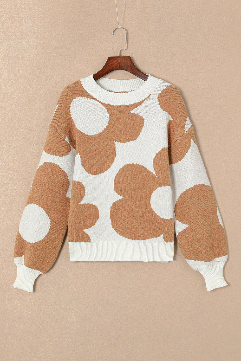 Pull kaki à épaules tombantes et motif à grandes fleurs