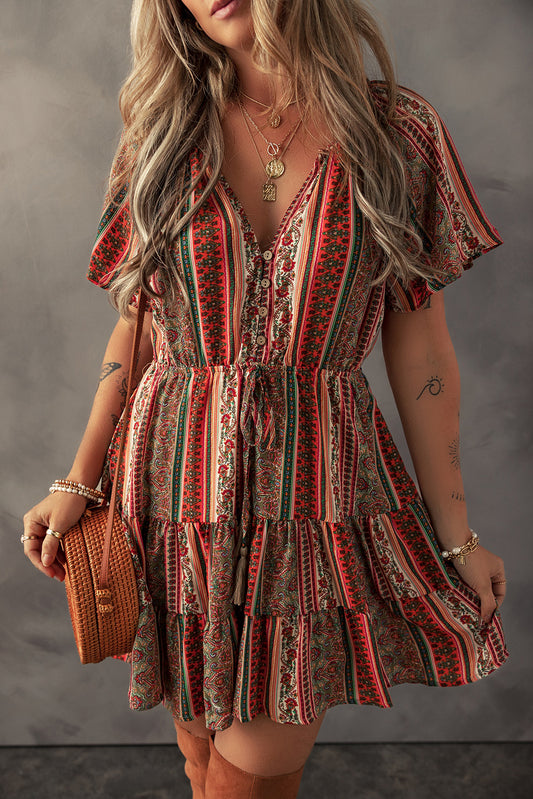 Robe à plusieurs niveaux Bohemian Floral Imprimé floral boutonné en V