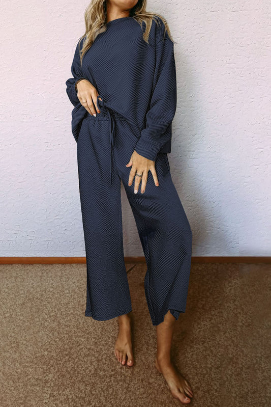 Ensemble Bleu Marine Texturé Ample Décontracté Haut à Manches Longues et Pantalon