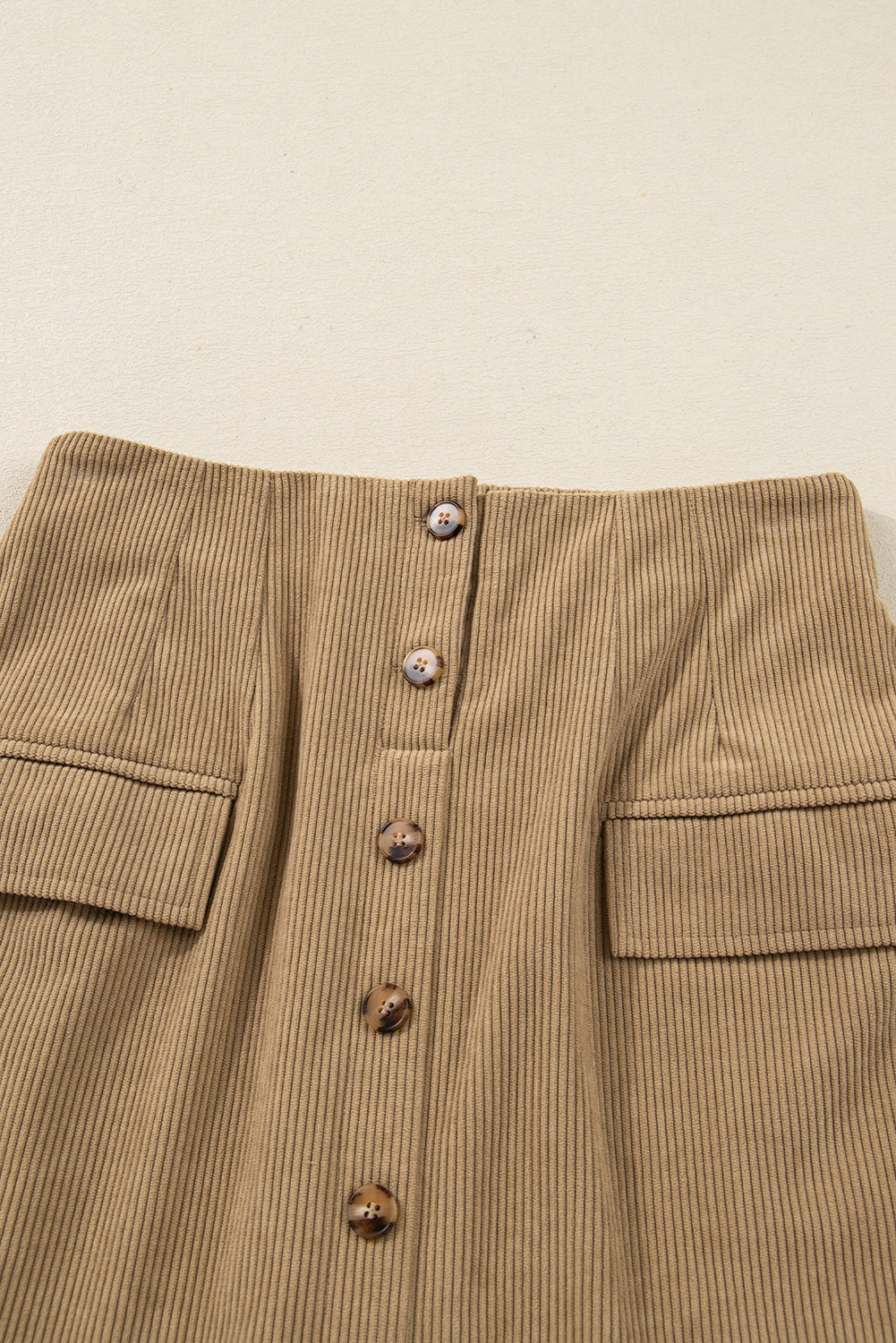 Mini Jupe Velours Côtelé Camel Boutonnée Fausses Poches