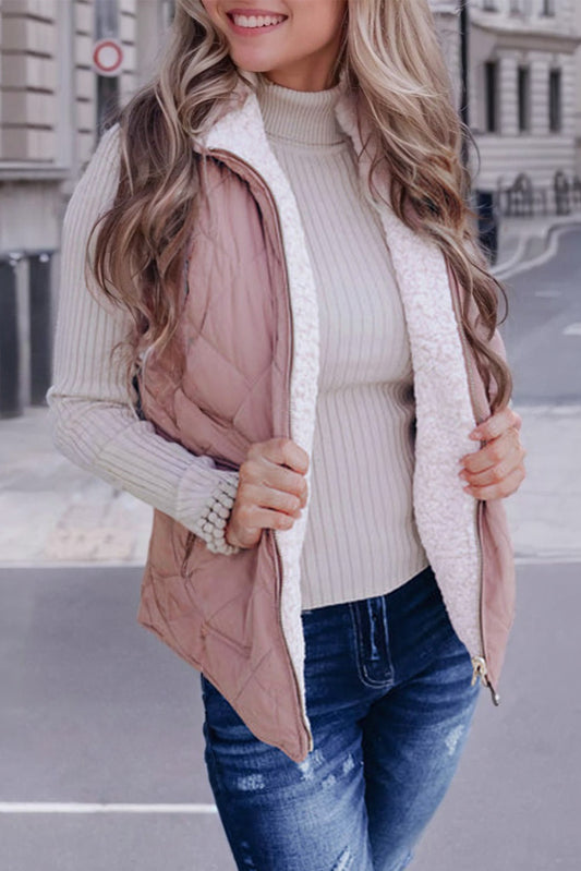 Gilet Sans Manches Matelassé Rose Doublé Polaire avec Zip