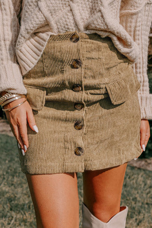 Mini Jupe Velours Côtelé Camel Boutonnée Fausses Poches