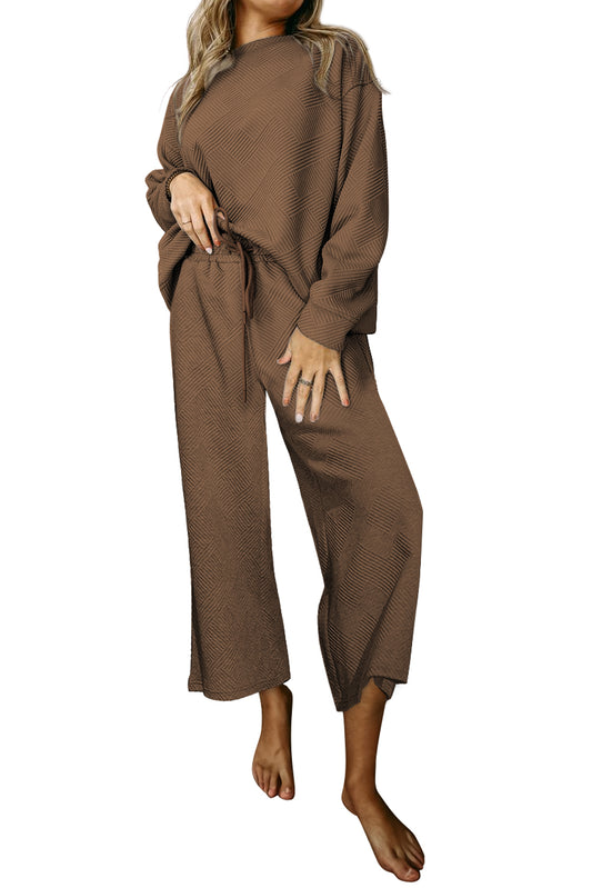 Ensemble Marron Foncé Texturé Ample Décontracté Haut à Manches Longues et Pantalon