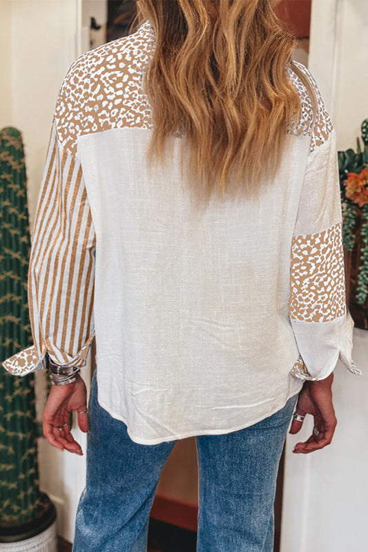 Chemise Kaki à Motif Léopard Rayé Patchwork Boutonnée