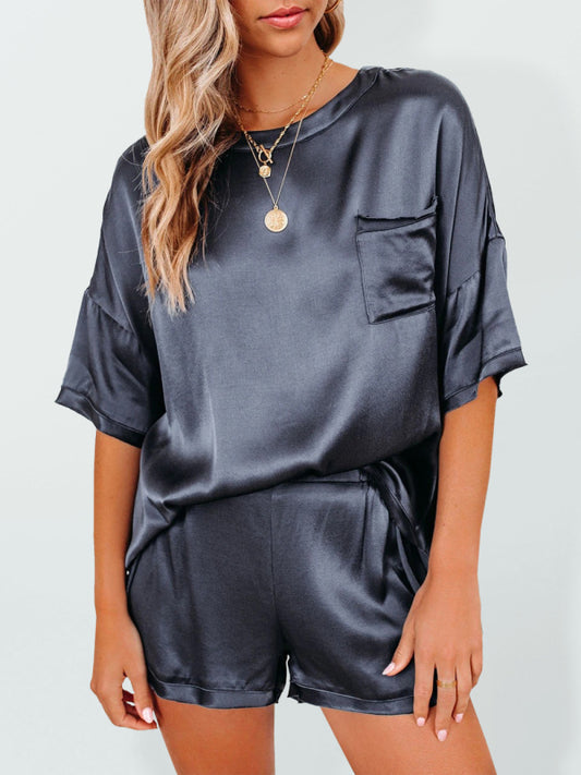 Pyjama Satin Femme Manches Courtes Short Irrégulier Ensemble 2 Pièces
