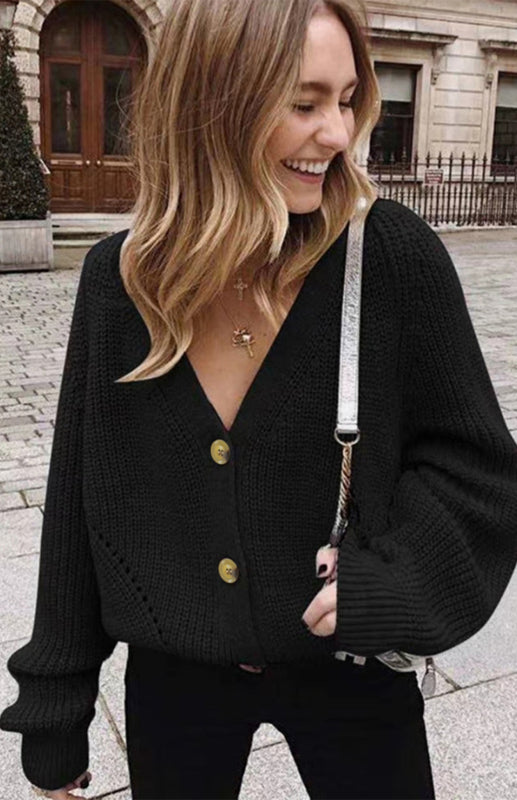 Cardigan Tricoté Uni Col V Manches Bouffantes avec Boutons