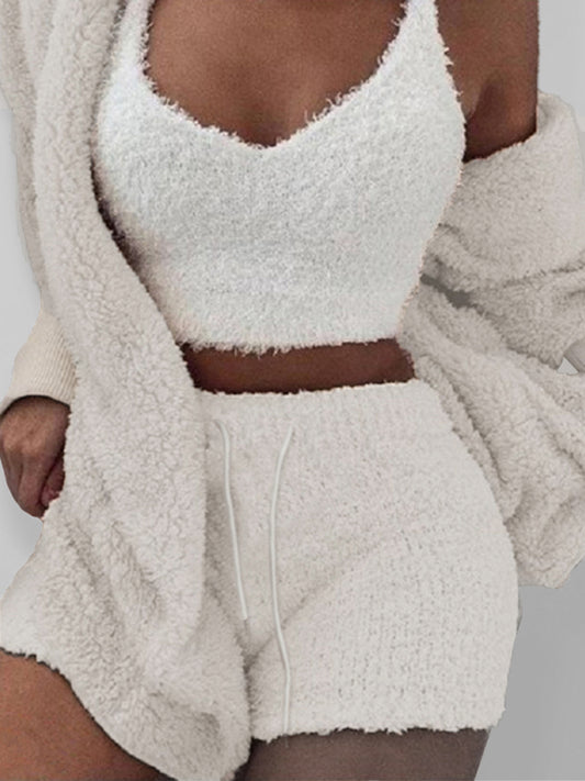 Ensemble Pyjama 3 Pièces Peluche Décontracté Débardeur Court et Short