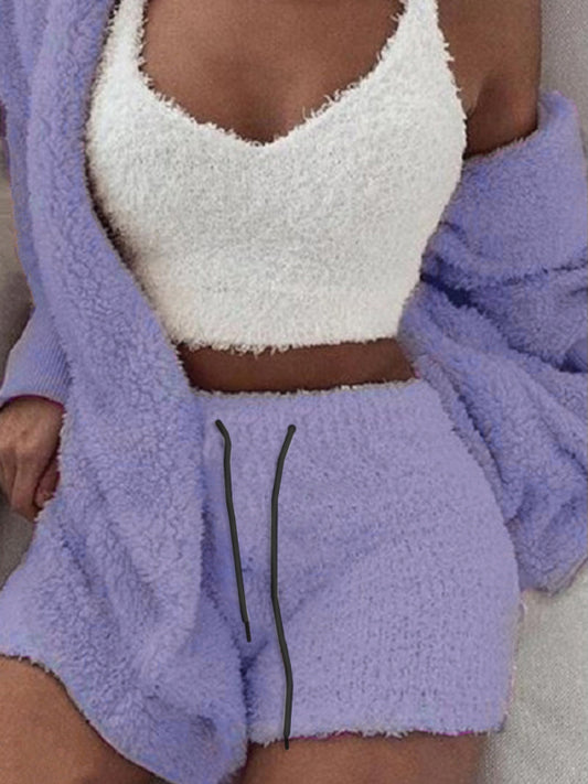 Ensemble Pyjama 3 Pièces Peluche Décontracté Débardeur Court et Short