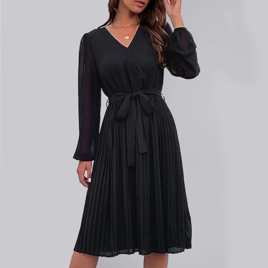 Robe Tissée Manches Longues Col V Plissée Femme