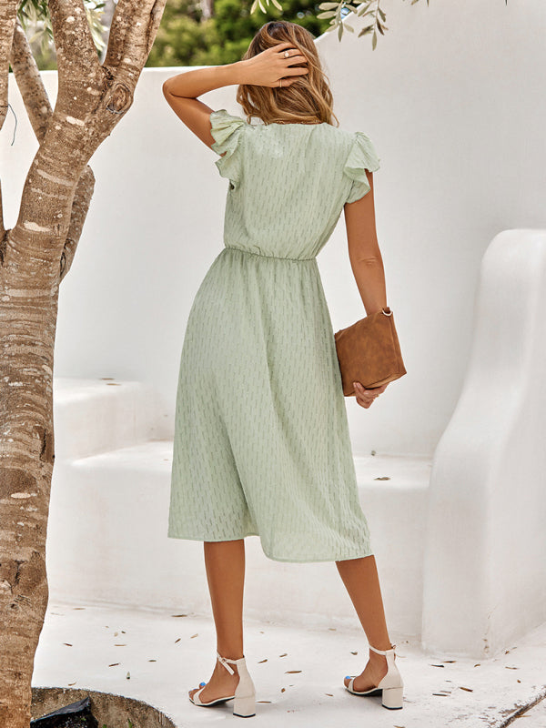 Robe Femme Col V Couleur Unie Ceinturée Style Frais