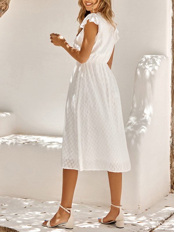 Robe Femme Col V Couleur Unie Ceinturée Style Frais