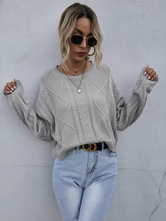 Pull Ample Manches Longues Torsadé Fin Couleur Unie