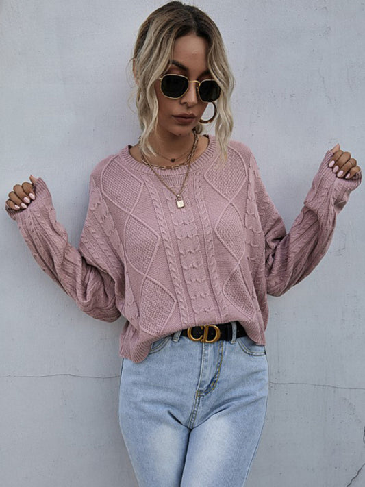 Pull Ample Manches Longues Torsadé Fin Couleur Unie