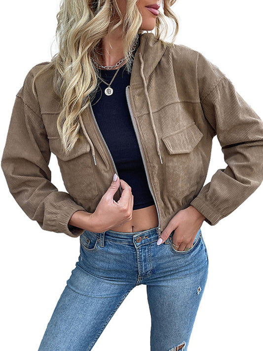 Veste Velours Côtelé à Capuche Couleur Unie Femme