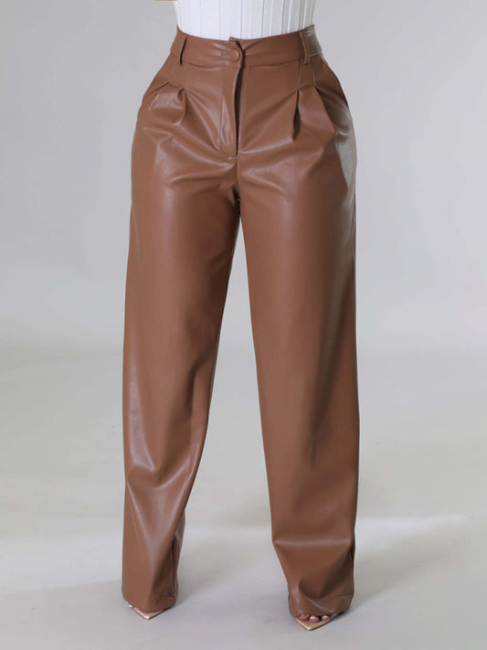 Pantalon en cuir PU femme large décontracté avec poches