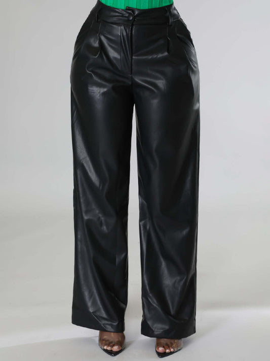 Pantalon en cuir PU femme large décontracté avec poches