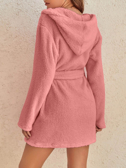 Peignoir Pyjama Peluche à Capuche Automne Hiver Couleur Unie