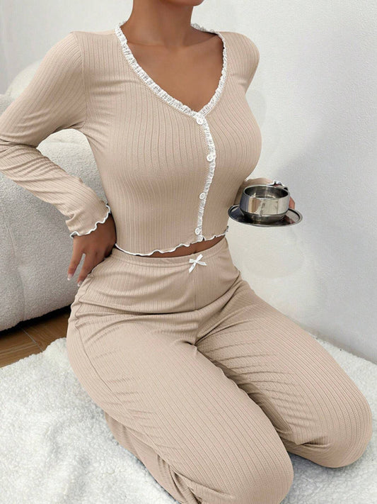 Ensemble Pyjama Femme Manches Longues Pantalon Long Dentelle Sexy