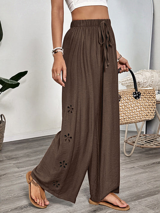 Pantalon Large à Lacets Brodé Style Simple Couleur Unie
