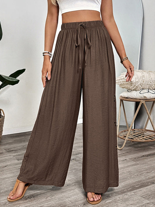Pantalon Large à Lacets Brodé Style Simple Couleur Unie