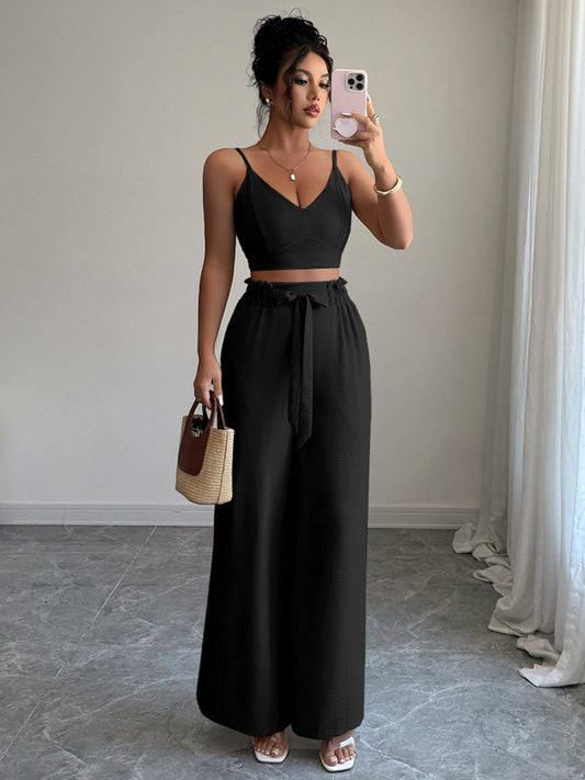Ensemble Deux Pièces Débardeur à Bretelles et Pantalon Large Noir